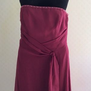 Strapless corset chiffon maroon prom gown dress beading